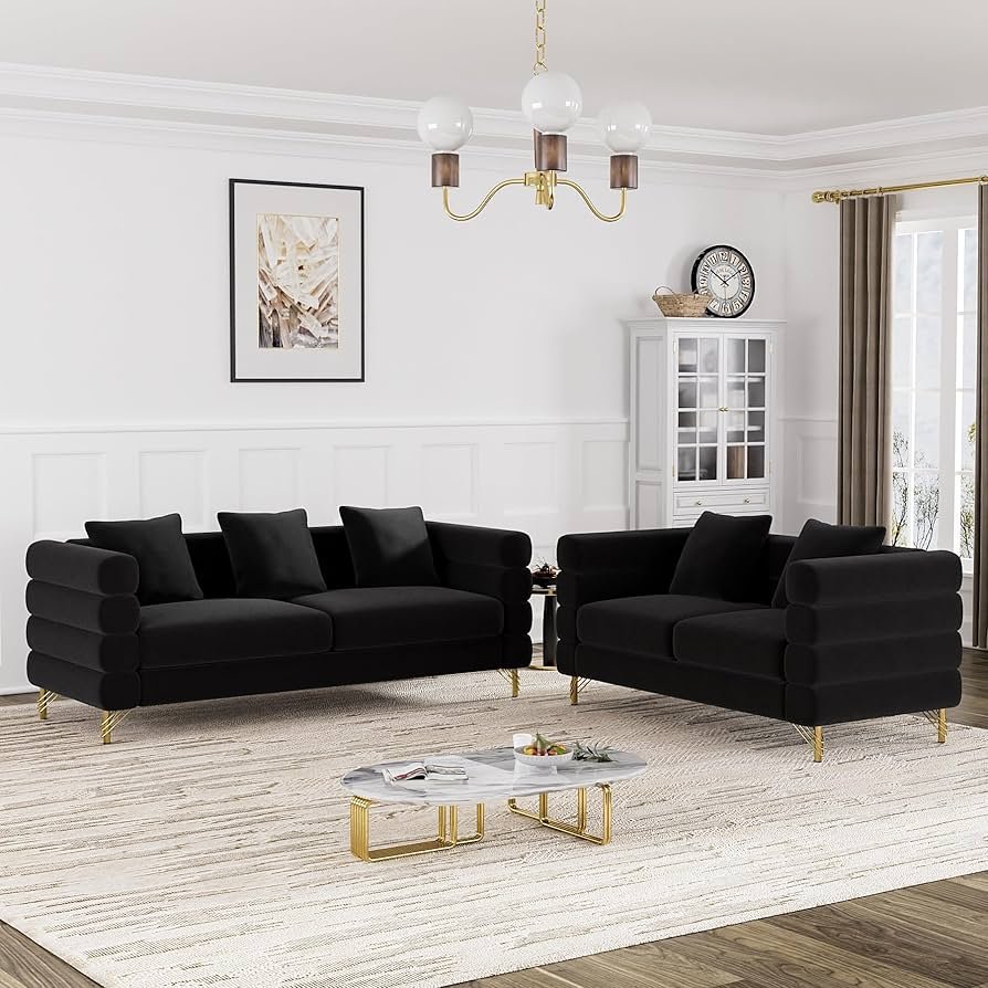 with clean lines, deep cushions, and low armrests.Modern living room with large black