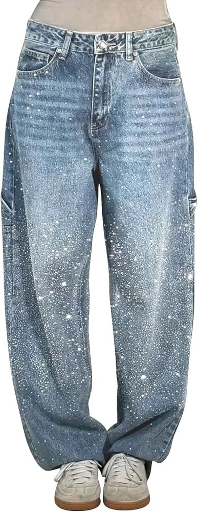 Women Casual Jeans With Rhinestone Straight Wide Leg Baggy ...