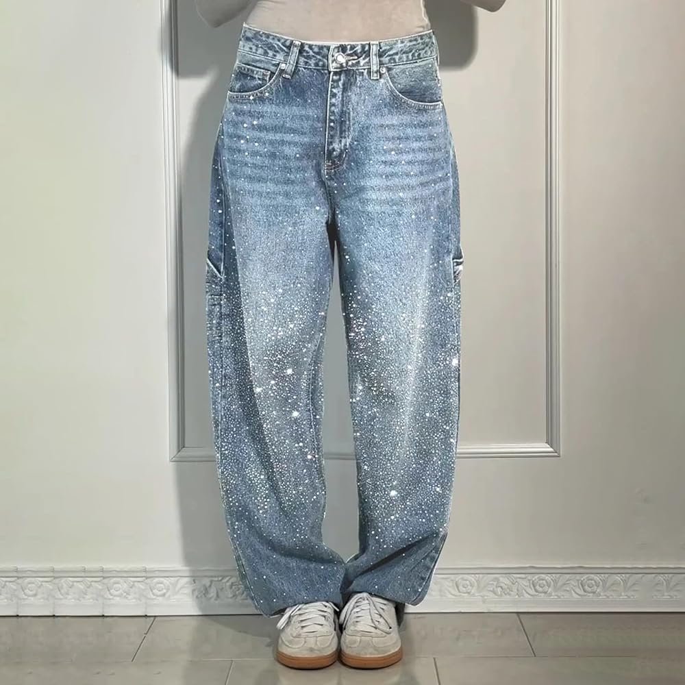 Women Casual Jeans With Rhinestone Straight Wide Leg Baggy ...