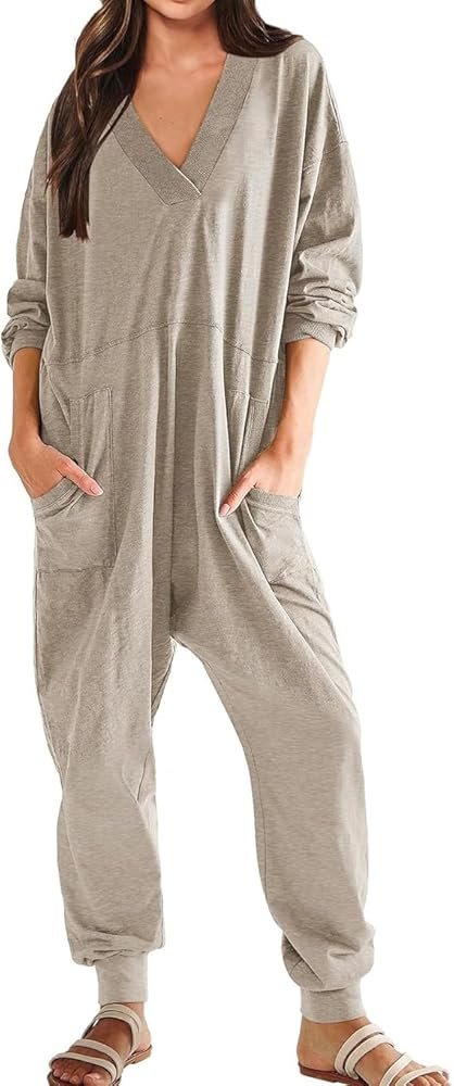 Women's Casual Loose Jumpsuits V Neck Rompers Baggy Overalls ...