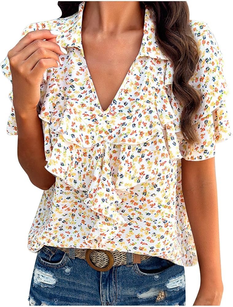 womens tops and blouses short sleeve tops blouses loose flower ...
