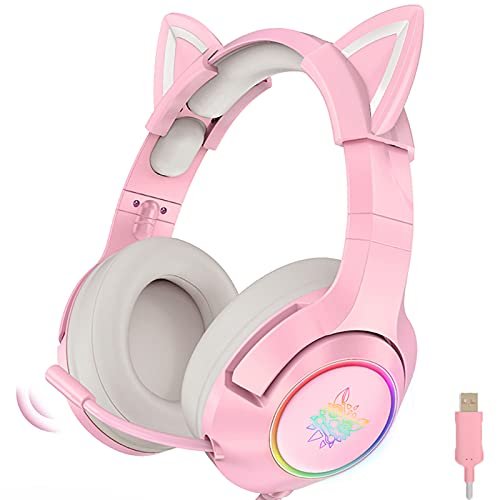 NiC Casque Gaming Rose Oreilles Chat – 7.1 Son, Réduction Bruit ...