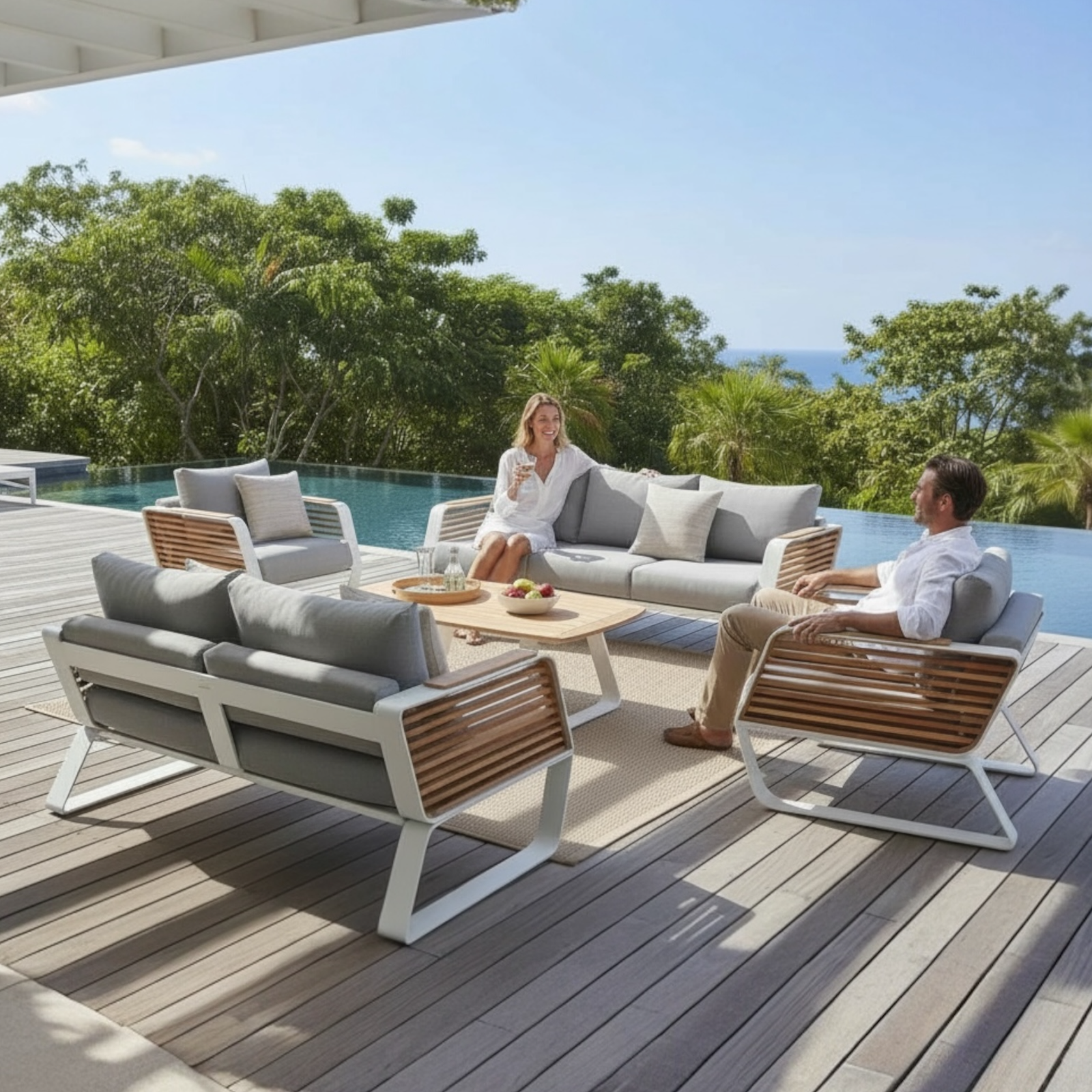 Salon de Jardin Moderne 7 Places en Aluminium avec Coussins Déperlants