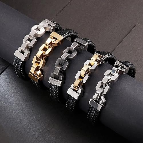Bracelet Cuir Homme, Bijoux Homme Noir Chaîne Tressee Le Noir ...