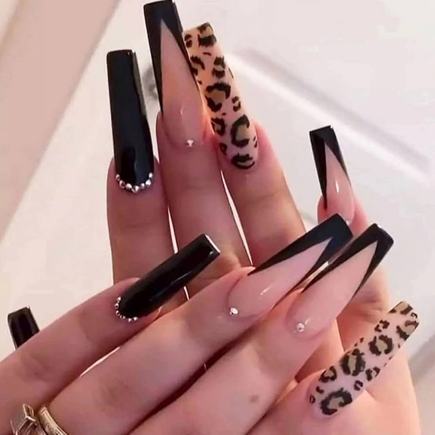 JUSTOTRY 24 Pcs Leopard Coffin Faux Ongles Long Motif,Noir ...