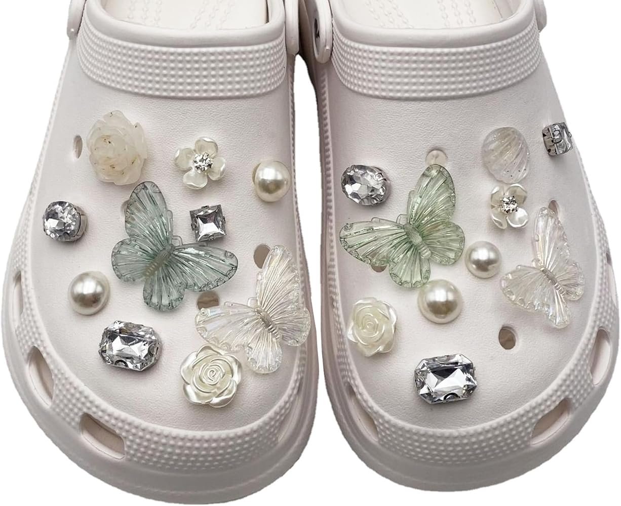 Pwsap Elegant Charmes de Chaussures, Breloques de Chaussures Papillons Fleur Perle Diamant, Bling CLOG Charmes