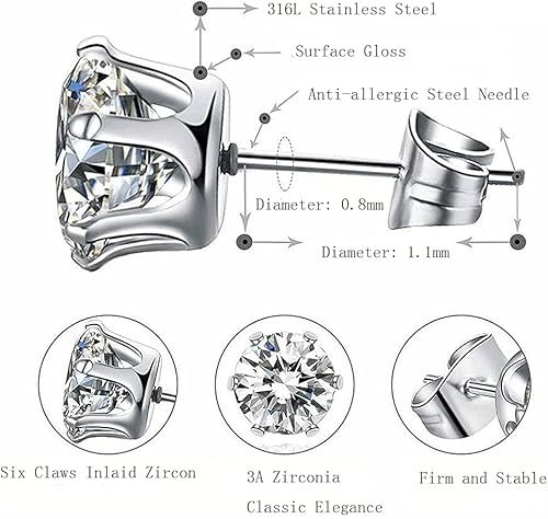 Ozmw 6 Paires Boucles d'Oreilles Medicales en Acier Inoxydable pour Femmes, Zircone ...