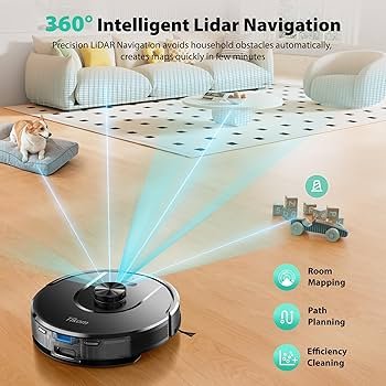 Robot aspirateur intelligent avec navigation laser et vidage automatique.
