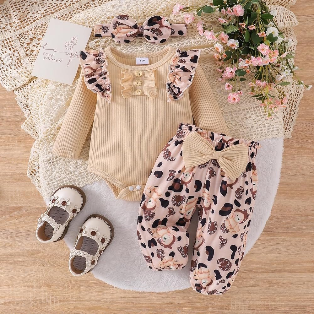 Autumn Outfit Baby Girl Newborn 3 Piece Clothes Set Bear Embroidery Polka