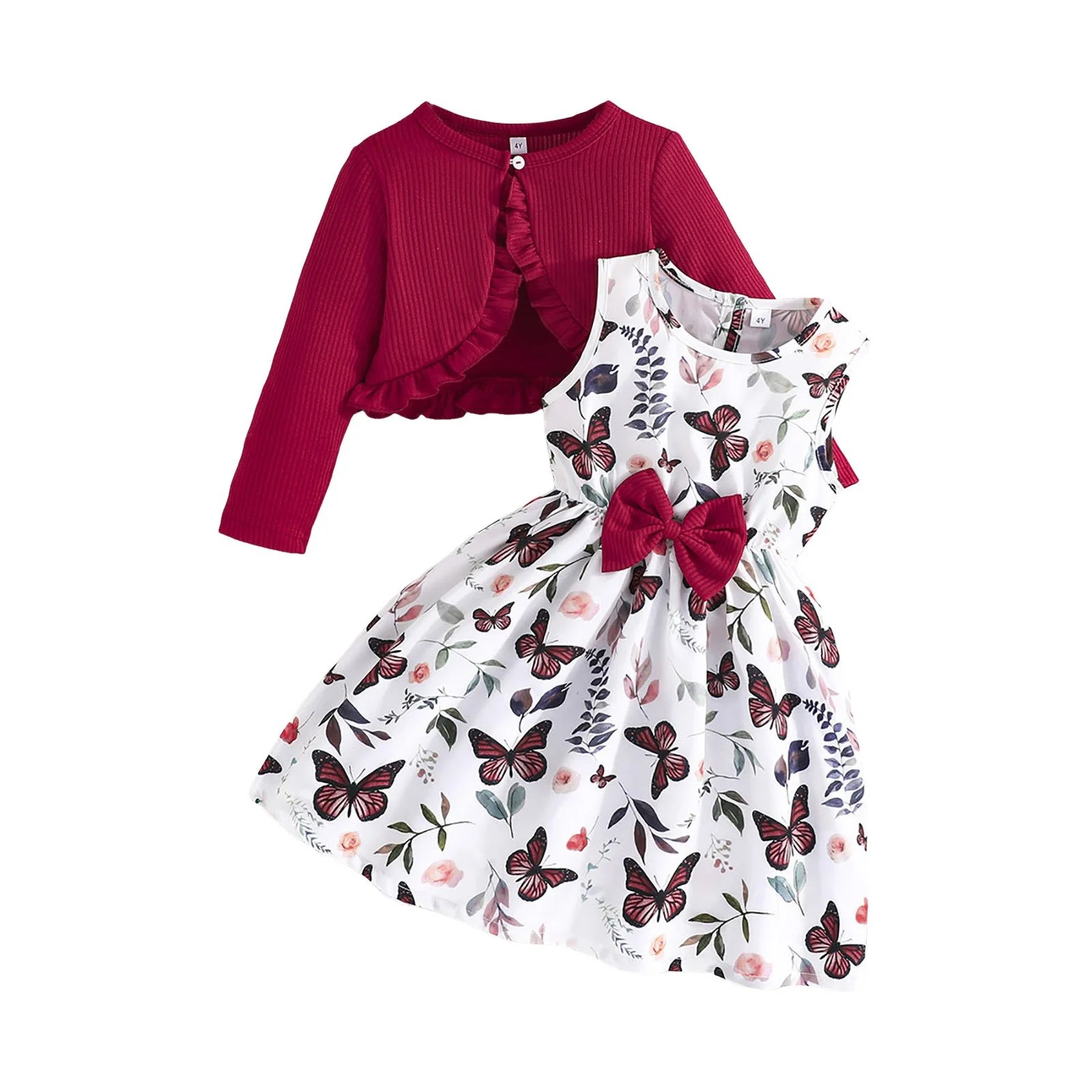 Girls Clothes Set Floral Butterfly Print Bowknot Sleeveless Summer Dress with Long Sleeve Cardigan