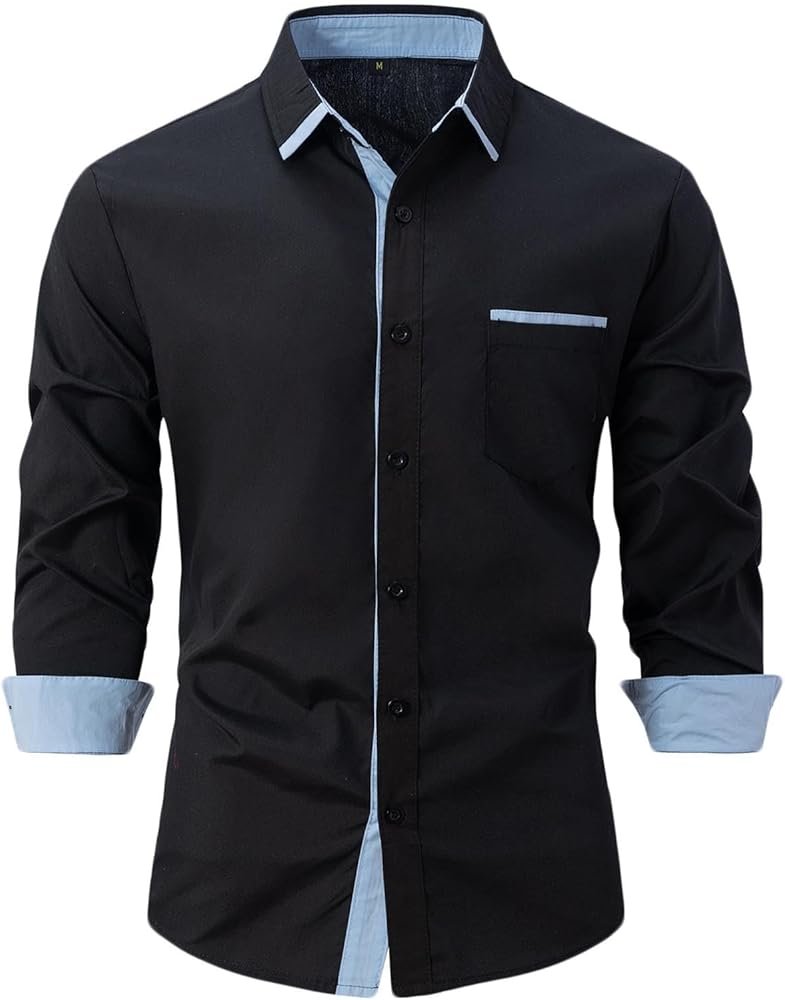 Chemise Homme Noire Manches Longues Revers et Patte Bleus