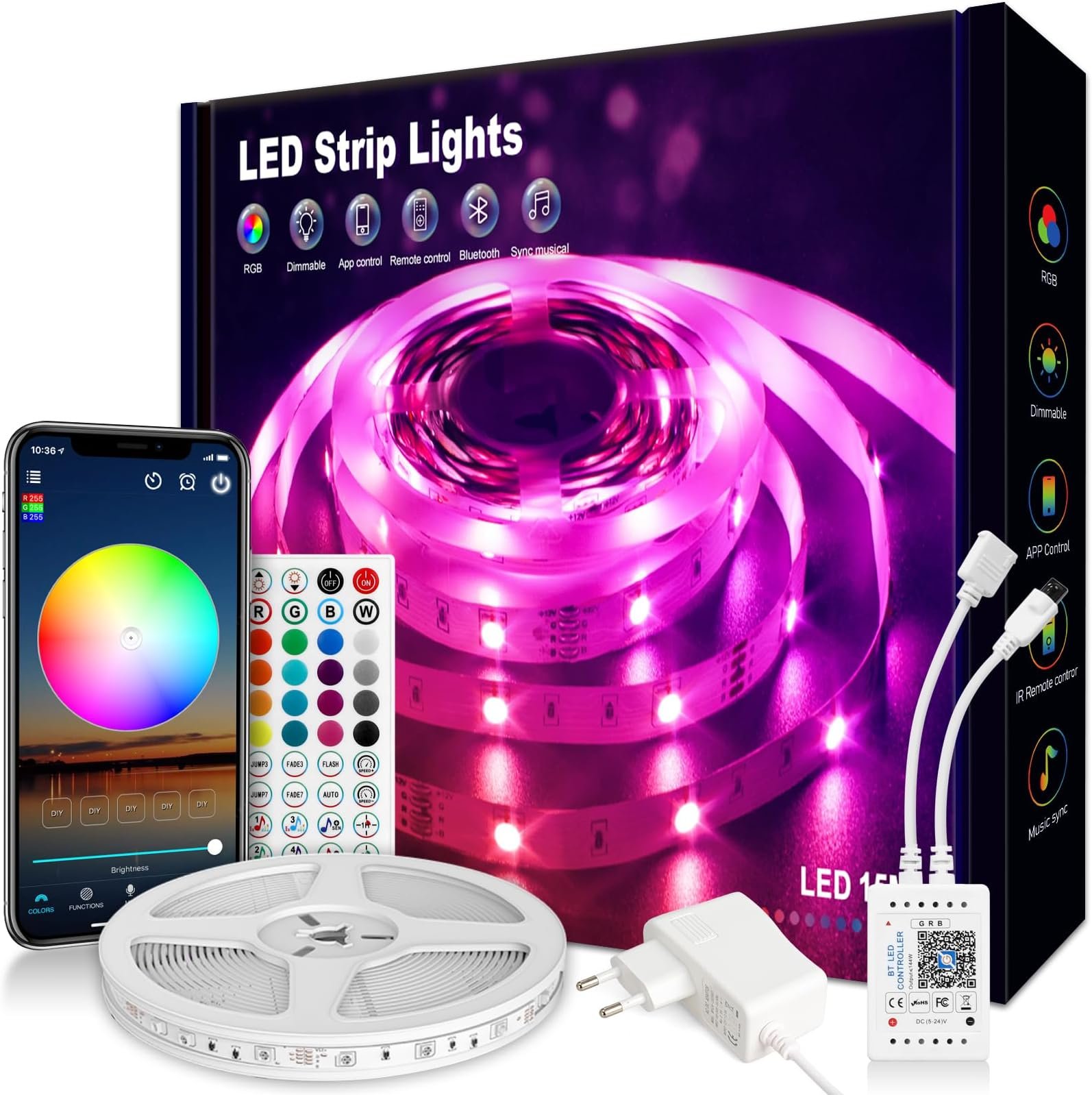 Ruban LED RGB de 10 mètres avec télécommande.
