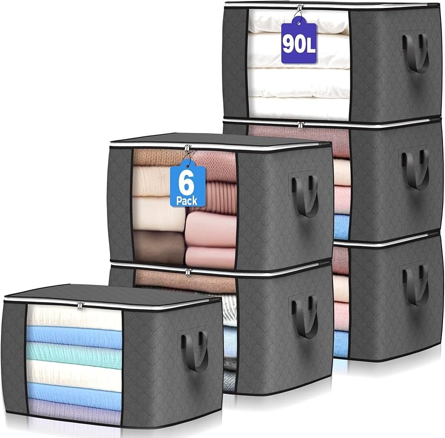 Set of 6 Clothes Storage Bags, 90L Foldable Boxes for Organising Bedrooms